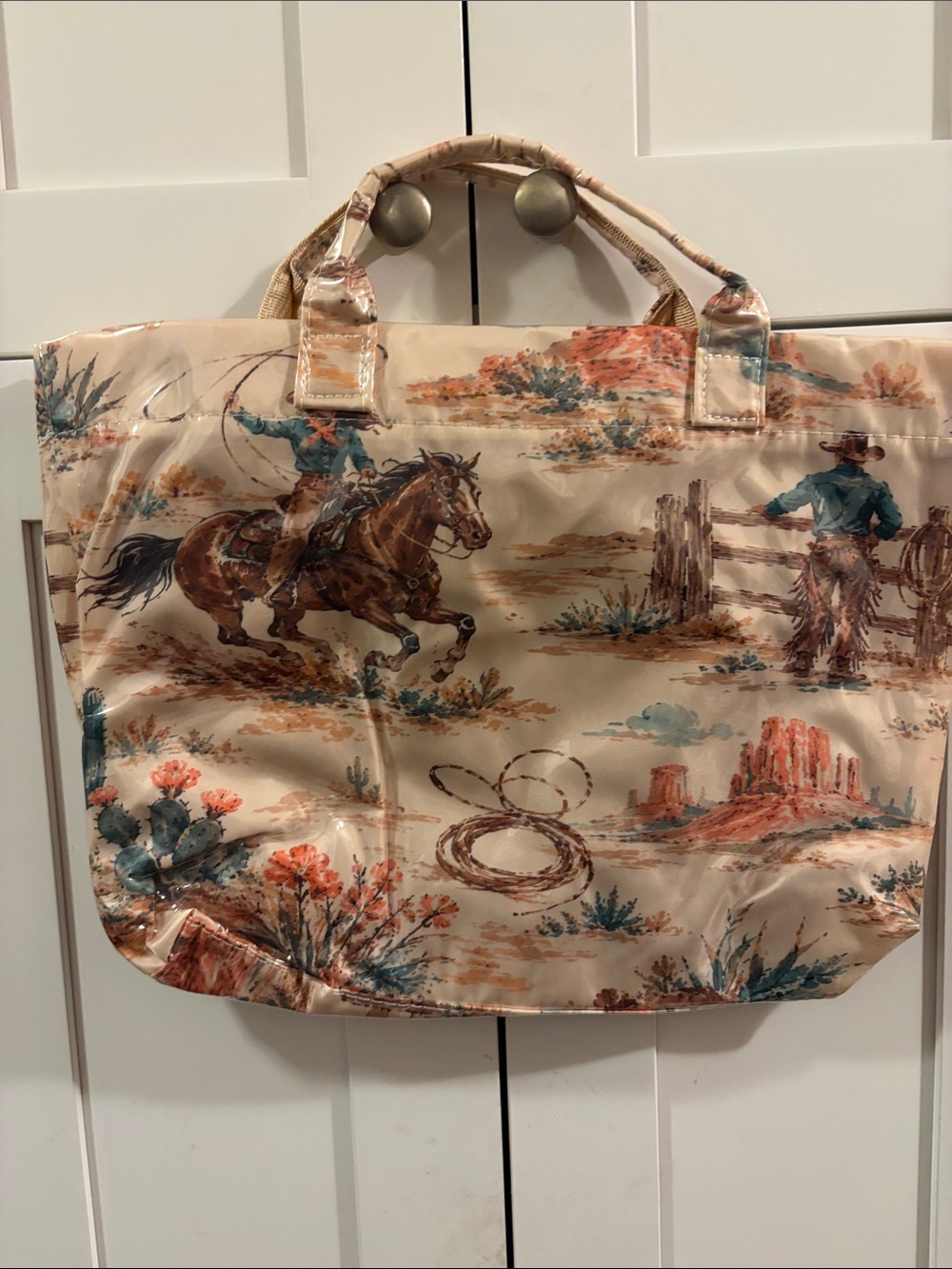Western Cowboy Print Tote Bag - Beige new vinyl bag, large multi use!